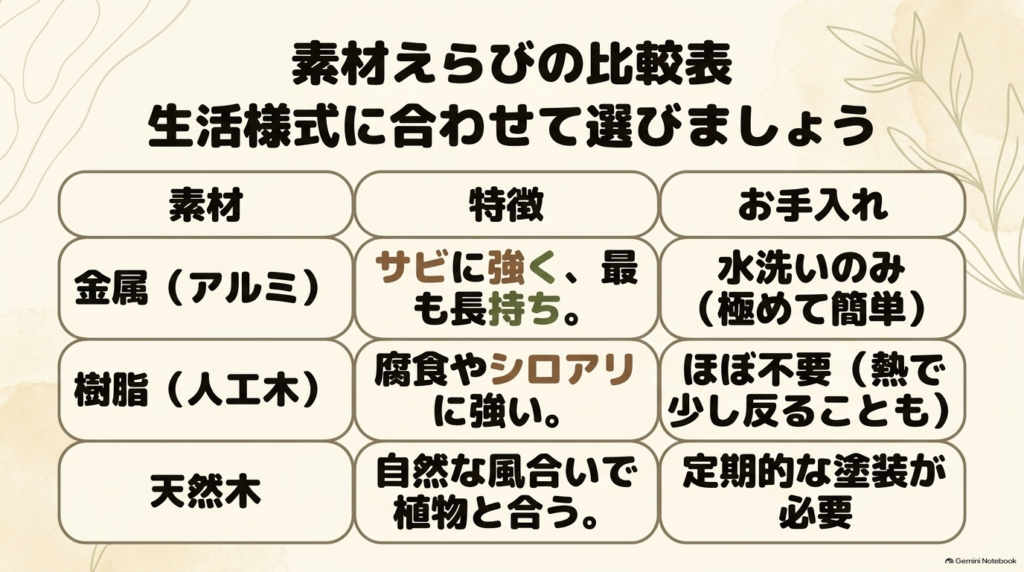 金属（アルミ）、樹脂（人工木）、天然木の特徴と、それぞれのお手入れ方法を比較した表
