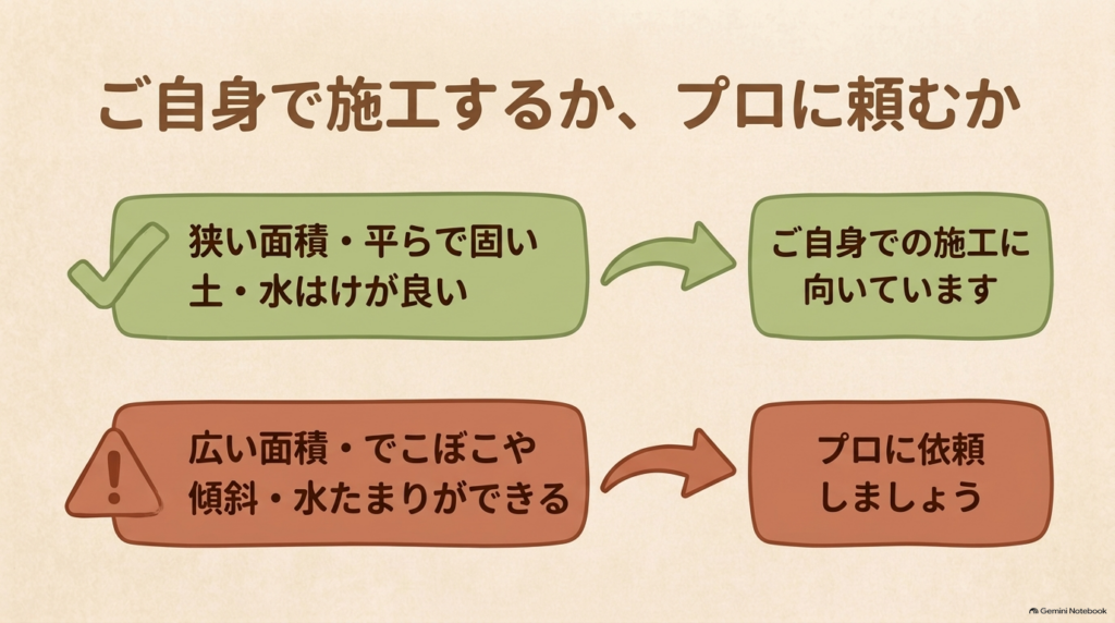 庭の広さや水はけに応じた人工芝DIYとプロ施工の向き不向き比較スライド