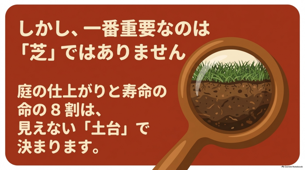 人工芝の仕上がりと寿命の8割は見えない土台で決まることを伝えるスライド