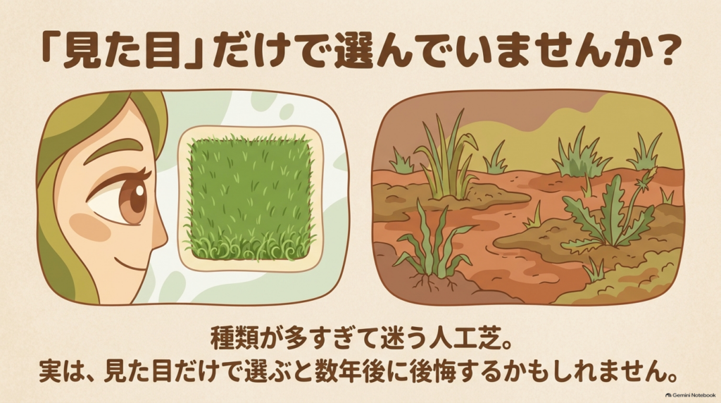 人工芝を見た目だけで選ぶと数年後に後悔するリスクを警告するスライド
