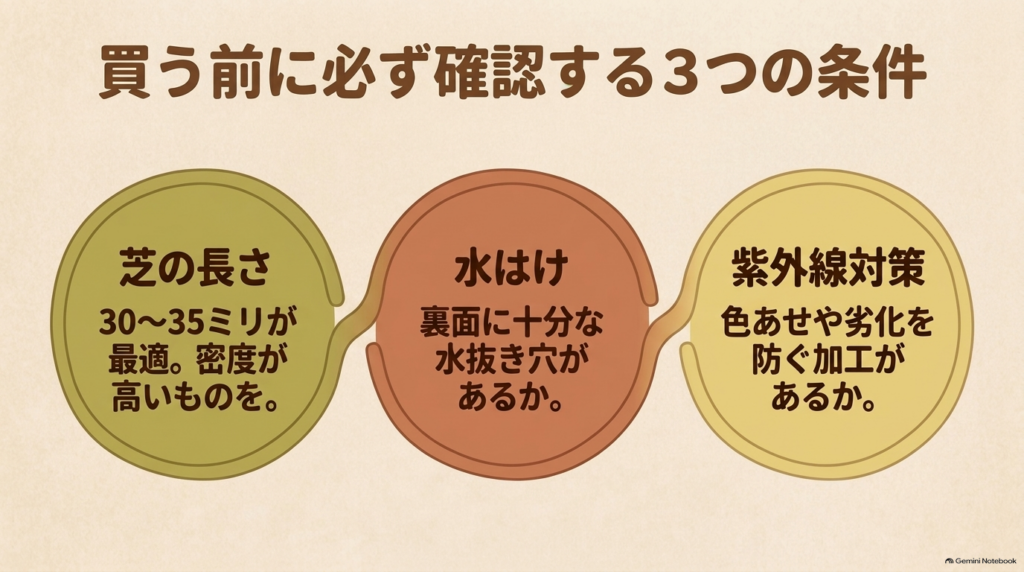 人工芝購入前に確認すべき芝の長さ・水はけ・紫外線対策の3条件スライド