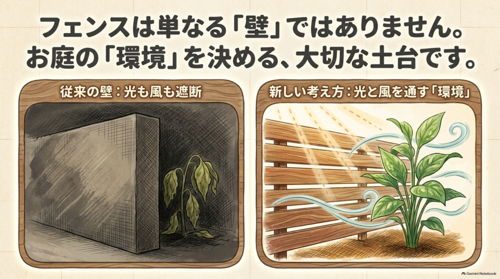 光や風を遮断する壁の横で枯れてしまった植物のイラスト / （2枚目）隙間のある木製フェンスから光と風が通り抜け、植物が元気に育っている