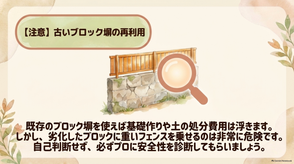 既存の劣化したブロック塀に重いフェンスを乗せるのは非常に危険であり、必ずプロに安全性を診断してもらうよう呼びかける注意喚起。