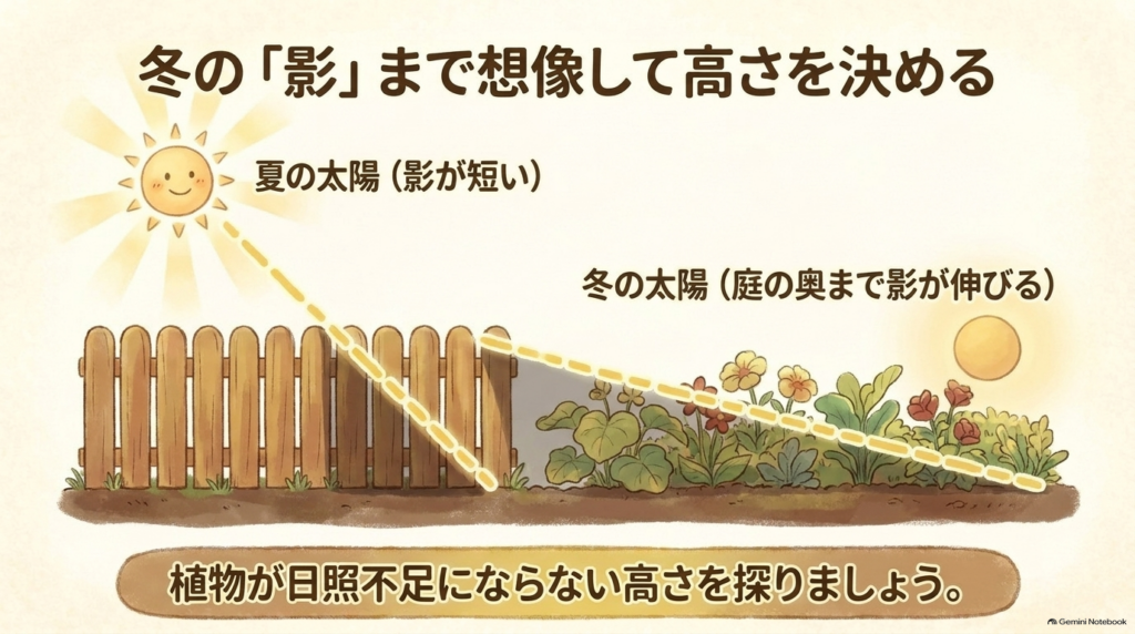 フェンスの高さを決める際に考慮すべき夏と冬の太陽高度と庭に落ちる影の長さの違いの解説