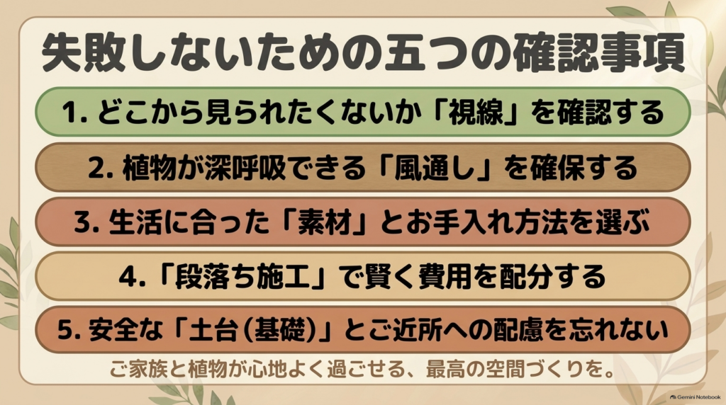 視線、風通し、素材、段落ち施工、安全と配慮という、フェンス選びで失敗しないための5つのポイントをまとめたリスト