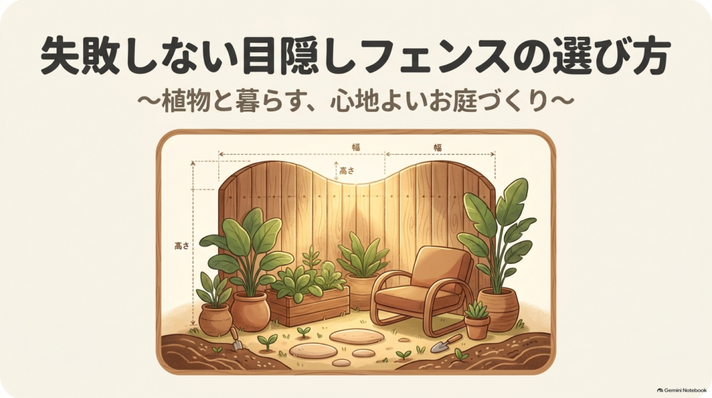 植物と調和する目隠しフェンスとガーデンチェアが置かれた心地よいお庭