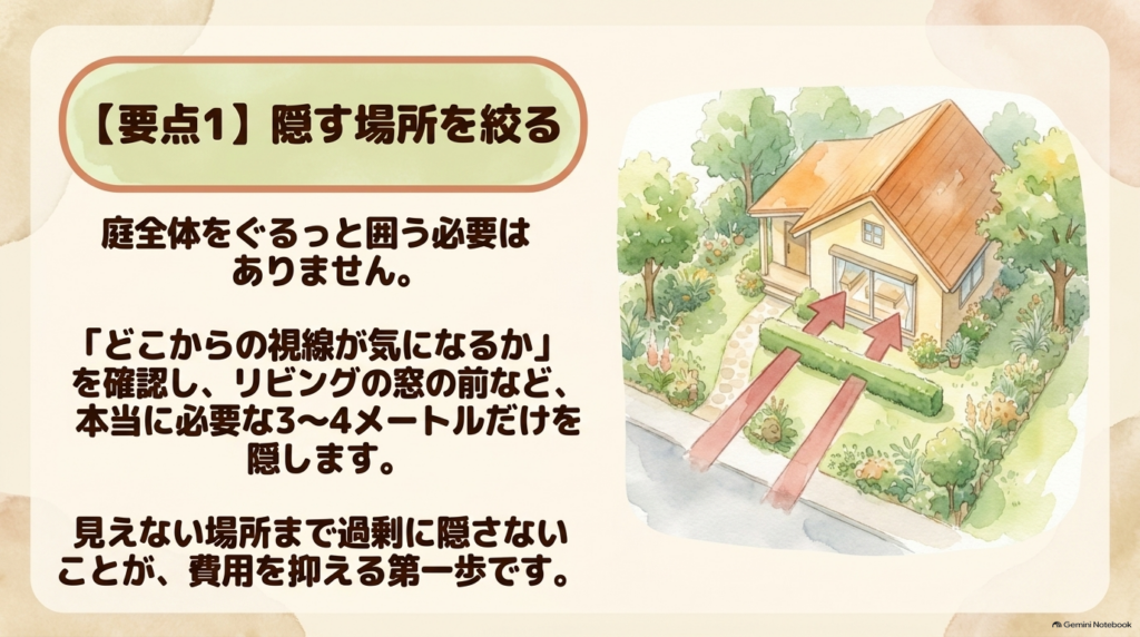 庭全体を囲うのではなく、リビングの窓の前など本当に視線が気になる必要な場所だけに絞って目隠しをする工夫。