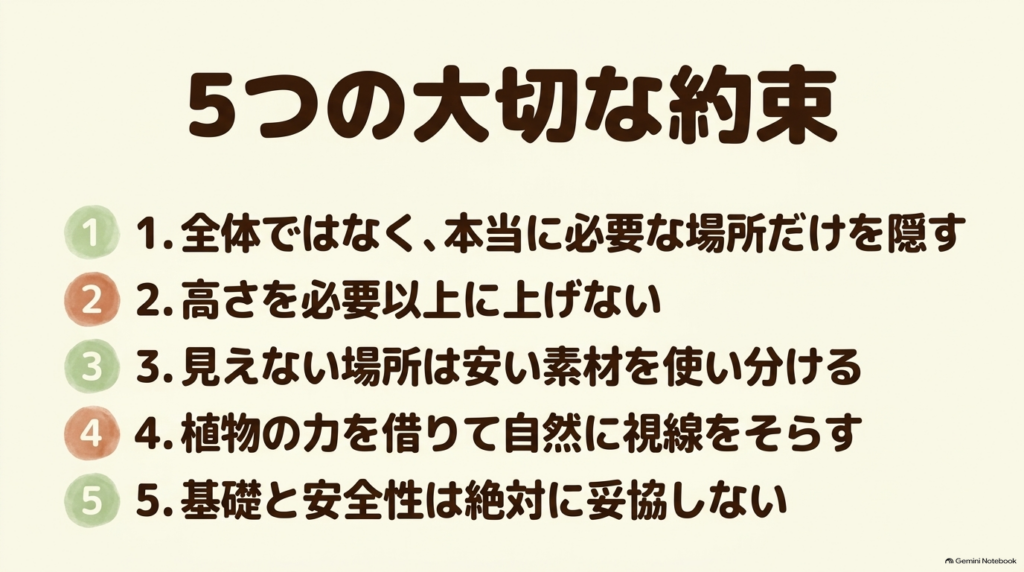 必要な場所だけを隠す、高さを上げすぎない、素材を使い分ける、植物の力を借りる、基礎は妥協しないという5つの大切な約束。