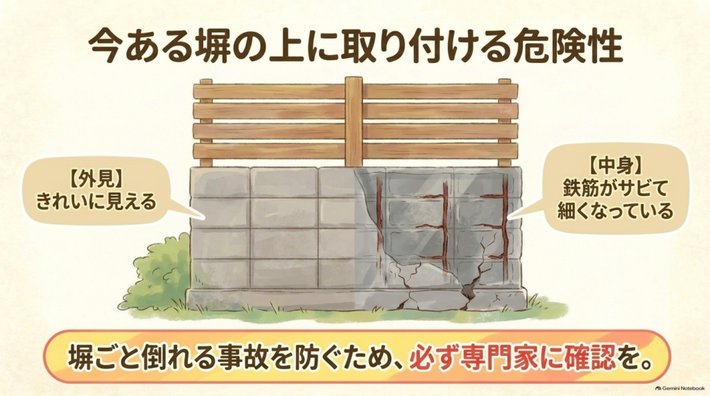 外見は綺麗に見えても内部の鉄筋が錆びて劣化しているブロック塀にフェンスを後付けする倒壊リスクの断面図