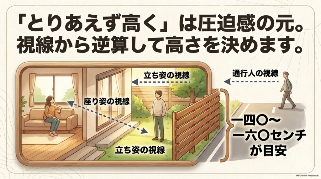 フェンスの最適な隙間幅1〜1.5センチと、熱を持ちやすい濃い色への注意喚起のイラスト