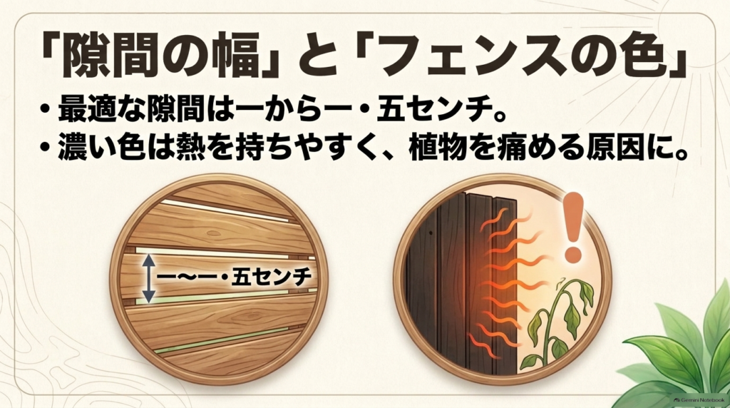 風が滞ると植物が病気になりやすいことを説明し、羽板状や横板フェンスを推奨する図解