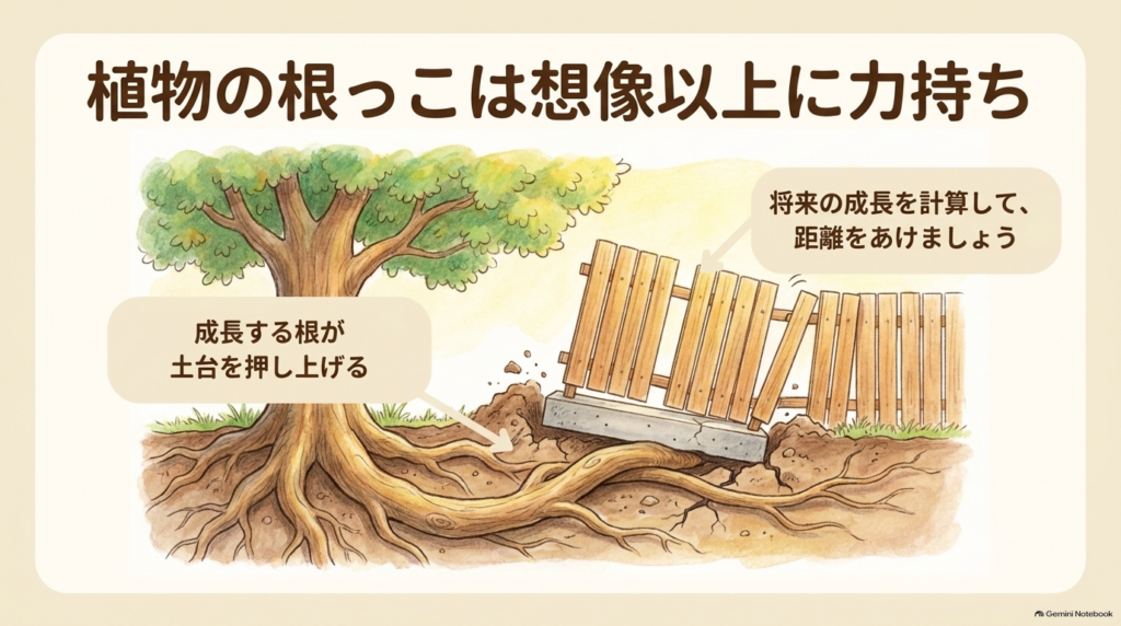 庭木の成長した太い根がフェンスの基礎土台を押し上げてフェンスが傾いてしまうリスクの解説イラスト