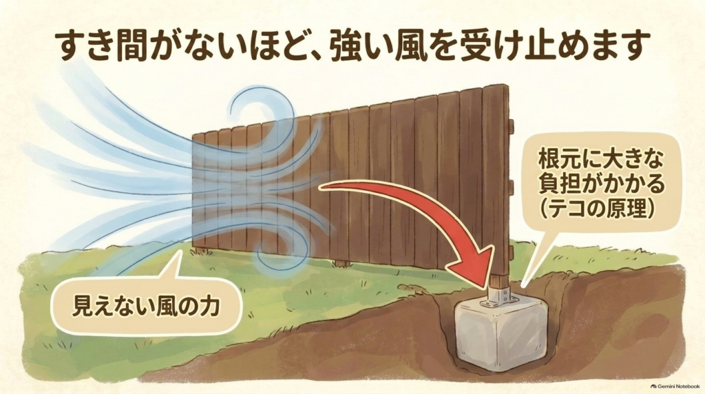 隙間のない目隠しフェンスが風を受け止めることで根元の基礎ブロックに強いテコの原理の負荷がかかる様子