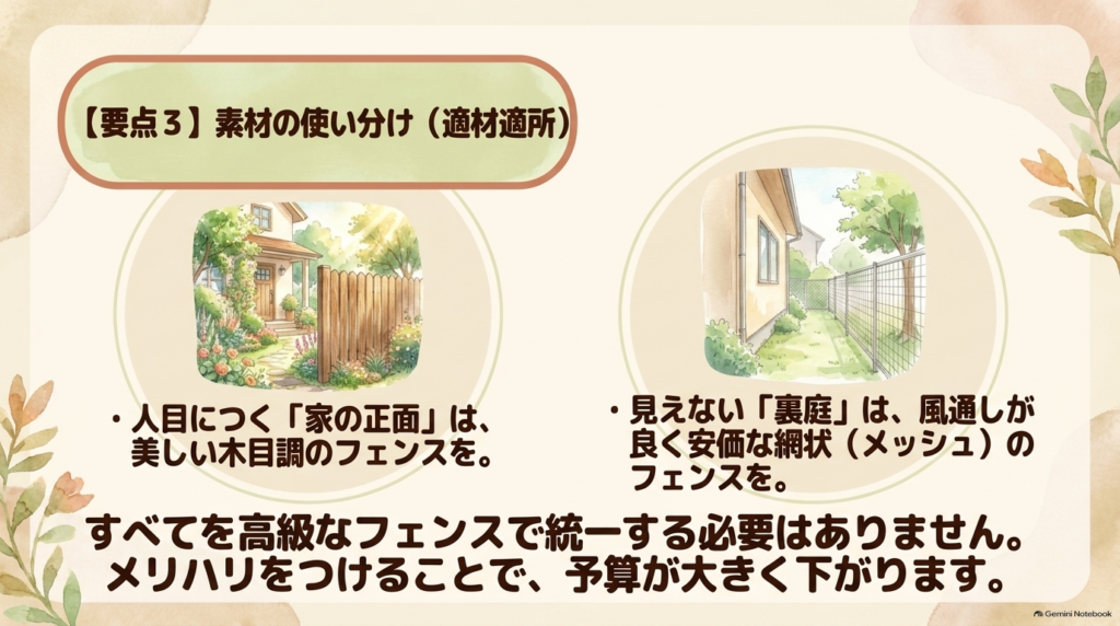 家の正面には木目調フェンス、見えない裏庭には安価な網状フェンスを使うなど、素材を適材適所で使い分けて予算を下げる工夫。
