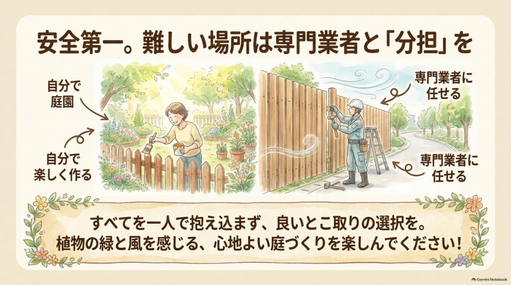 庭の安全な場所はDIYで作り、道路側や高所・強風エリアの基礎工事は専門業者に任せるハイブリッド施工のイラスト図解