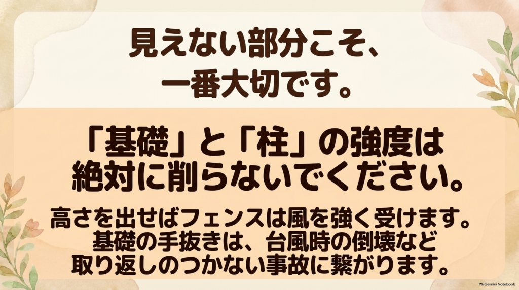 見えない部分である基礎と柱の強度は絶対に削ってはいけない。手抜き工事は台風時の倒壊など重大な事故に繋がるという警告。