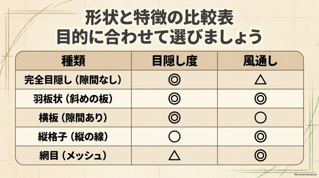 完全目隠し、羽板状、横板、縦格子、網目のフェンス形状と、それぞれの目隠し度や風通しを比較した一覧表