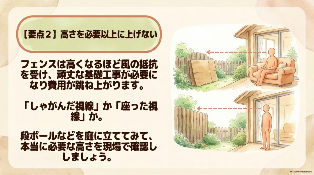 フェンスは高さを上げると風の抵抗を受け基礎工事費が跳ね上がるため、しゃがんだ視線や座った視線など現場で必要な高さを確認する。