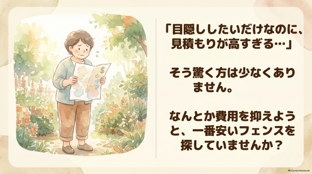目隠しフェンスの見積もり書を見て高すぎる費用に驚き、悩んでいる人
