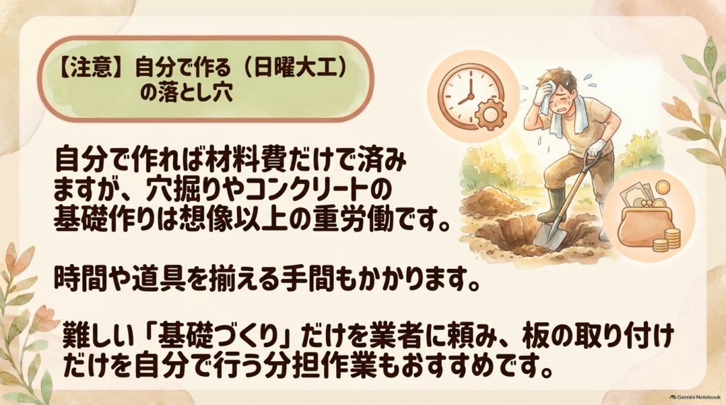 フェンスの基礎作りは想像以上の重労働であるため、難しい基礎づくりだけを業者に頼む分担作業（ハーフDIY）をすすめるアドバイス。