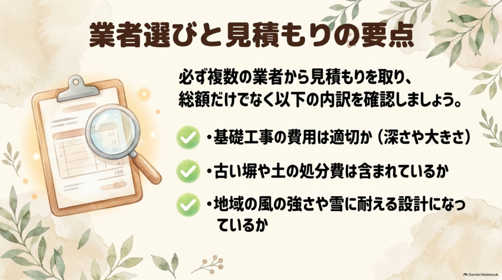 複数業者から見積もりを取り、基礎工事の費用、古い塀の処分費、耐風性能などの内訳をしっかり確認するための要点