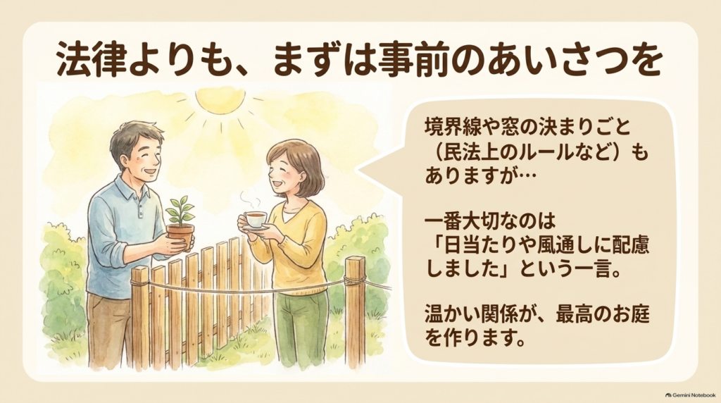 フェンス設置前にお隣さんへ日当たりや風通しの配慮を伝え良好な近隣関係を築くイラスト