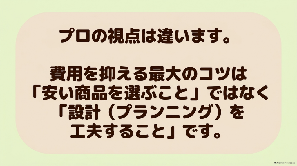 費用を抑える最大のコツは安い商品を選ぶことではなく、設計（プランニング）を工夫することであるというプロの視点。