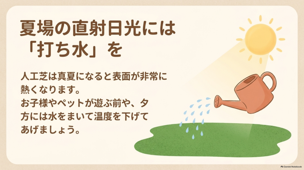 直射日光で高温になる人工芝に打ち水をして表面温度を下げる対策スライド