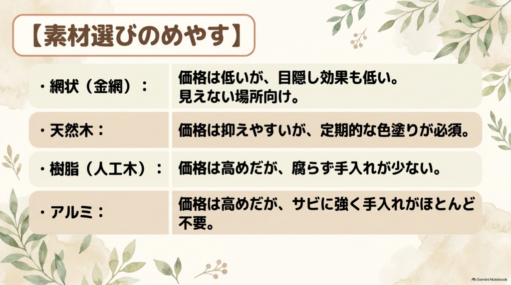 網状フェンス、天然木、樹脂、アルミなど、それぞれのフェンス素材の価格帯と手入れの有無に関する比較と目安。