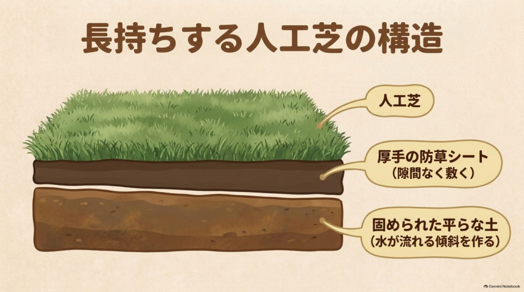 固めた土・厚手の防草シート・人工芝からなる長持ちする施工構造スライド