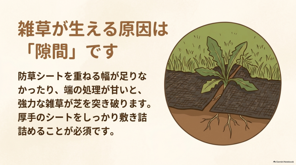 防草シートの重ね幅不足や隙間から雑草が突き破るトラブルを解説した