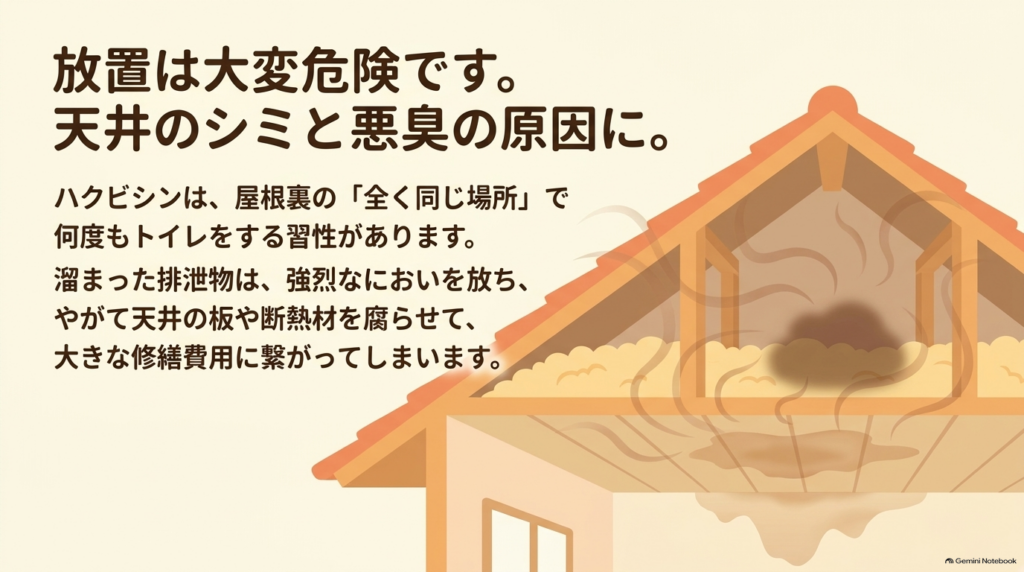 ハクビシンのため糞による天井のシミや悪臭など家屋への被害リスク