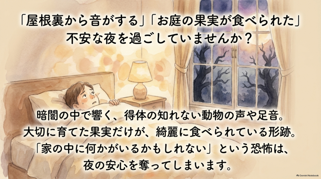 屋根裏の騒音やお庭の果実の食害による不安な夜を表現したスライド