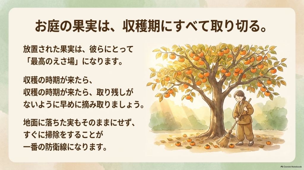 お庭の果実を収穫期にすべて取り切り、ハクビシンの餌場をなくす庭掃除のイラスト