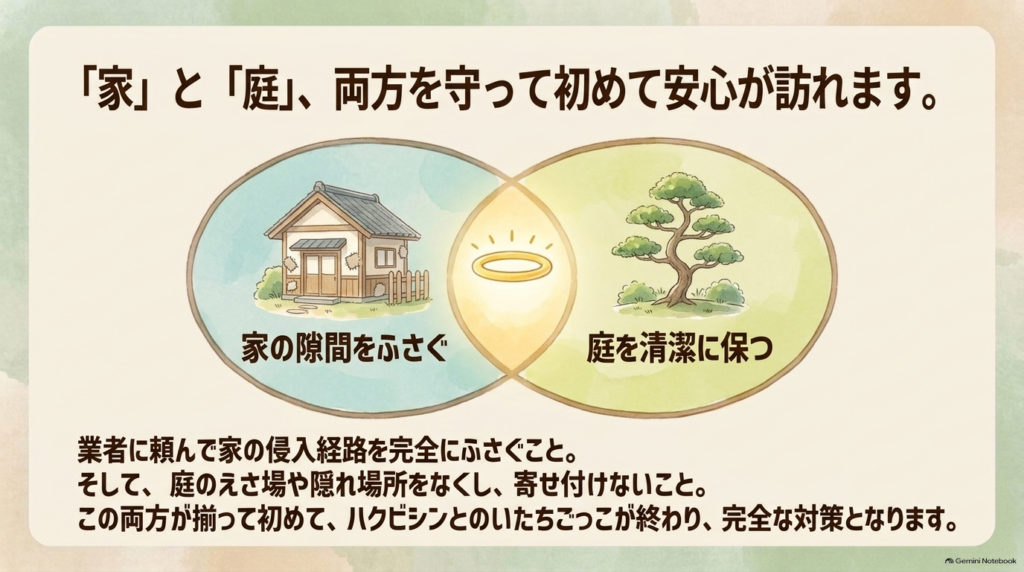 家の隙間を塞ぎ、庭を清潔に保つことでハクビシン対策が完了することを伝えるスライド スライド15:ふたたび