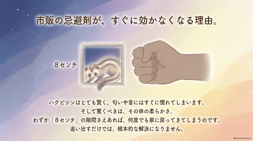 わずか8センチの隙間から侵入し、市販の忌避剤にもすぐ慣れてしまうハクビシンの賢さ