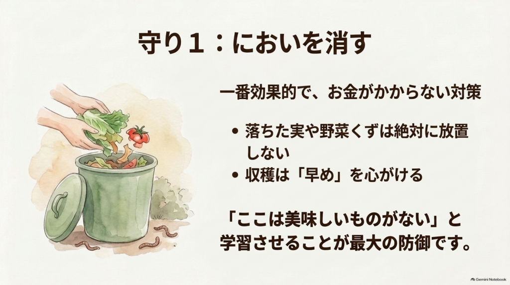 落ちた実や野菜くずを放置せず、早めの収穫を心がけることでにおいを消す対策方法