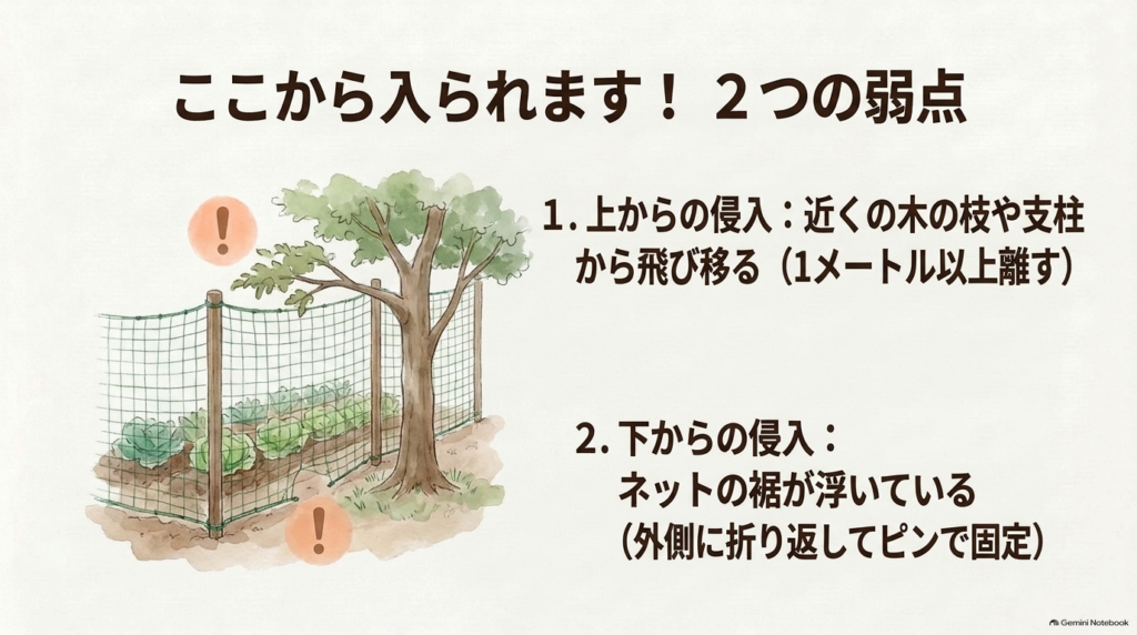 木の枝からの上からの侵入と、裾が浮いている下からの侵入という2つの弱点の解説