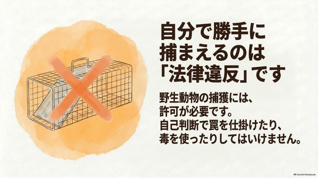 虫眼鏡でネットの破れを確認するイラストと、強風後の確認や補修の重要性についての説明