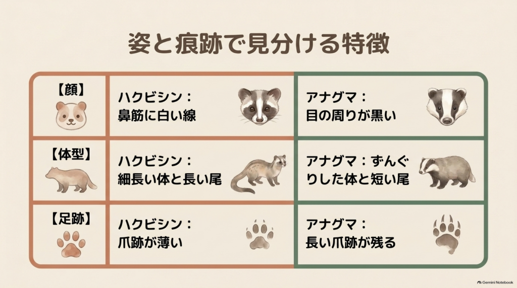 顔の模様、体型、足跡からハクビシンとアナグマを見分ける特徴の比較表