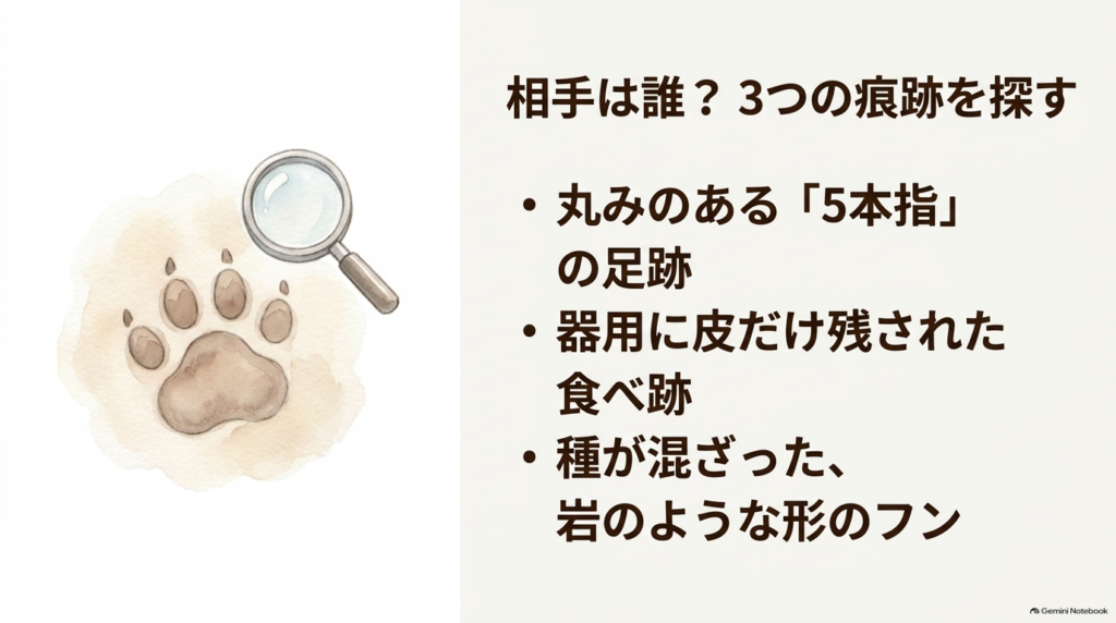 5本指の足跡、皮を残す食べ跡、種が混ざったフンなど、ハクビシンの3つの痕跡を探すポイント