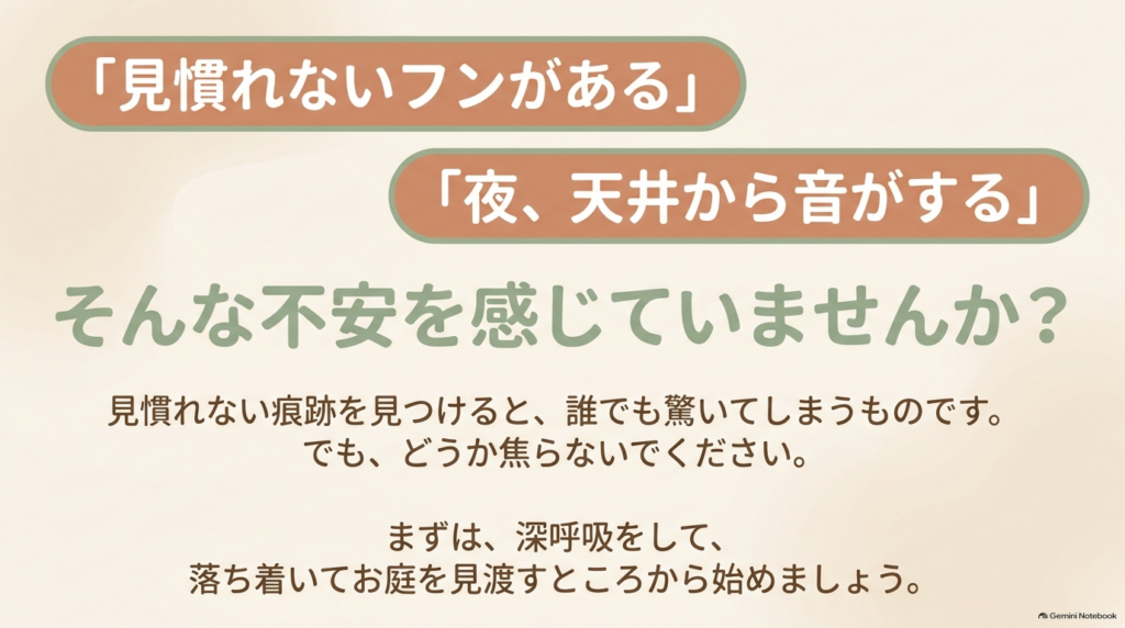 お庭のフンや屋根裏の音にも慌てないための、やさしい確認と対策ガイド。見慣れないフンや天井からの音に焦らず、まずは深呼吸してお庭を見渡しましょう。