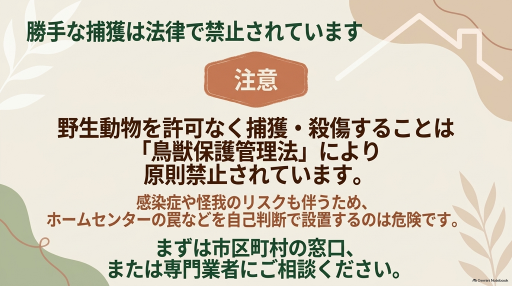 勝手な捕獲は鳥獣保護管理法で原則禁止されており、自己判断での罠設置の危険性を注意喚起するスライド