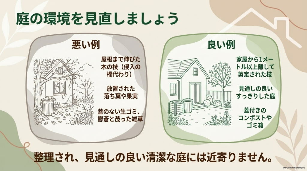 庭の環境を見直すための、木の枝や落ち葉、生ゴミ、雑草などの悪い例と良い例を比較したイラストスライド