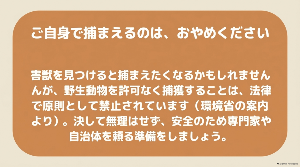 環境省も、野生鳥獣の捕獲・殺傷については原則として禁止されており、被害防止などのために許可を受けて捕獲できる場合があると案内しています