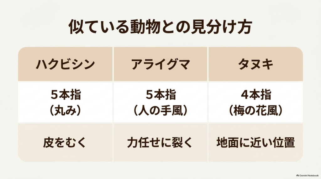 ハクビシン、アライグマ、タヌキの足跡の形や食べ方の特徴を比較した表