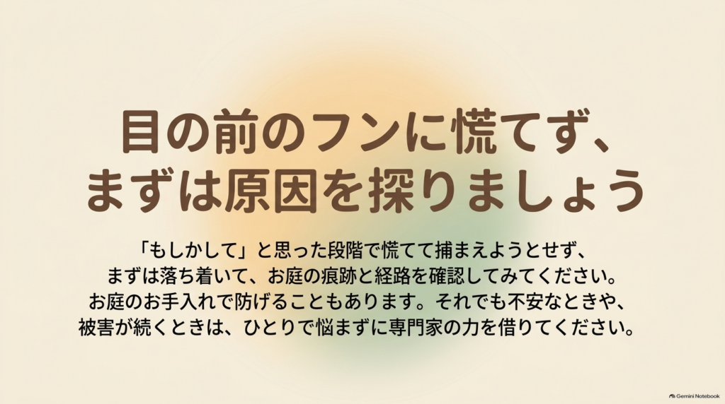 目の前のフンに慌てず、まずは原因を探りましょう。ひとりで悩まず専門家の力を借りてください。