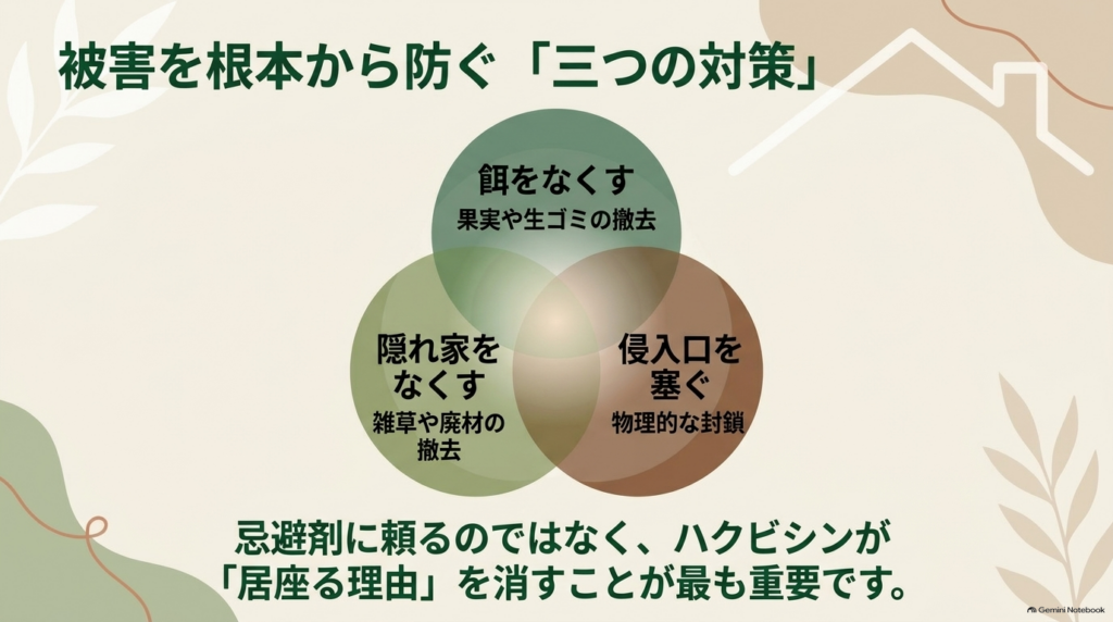 被害を根本から防ぐための対策として、餌をなくす、隠れ家をなくす、侵入口を塞ぐことの重要性を説明したスライド