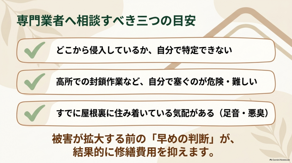 専門業者へ相談すべき目安として、侵入経路が不明、高所作業が危険、屋根裏に住み着いている場合をまとめたスライド