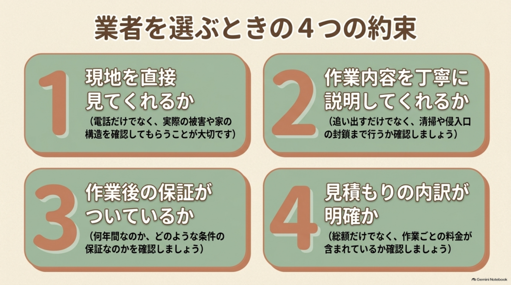 屋根裏の物音、同じ場所のフン、侵入口不明などのお悩みがあれば、お庭の手入れだけでは難しいため専門家への相談をご検討ください。